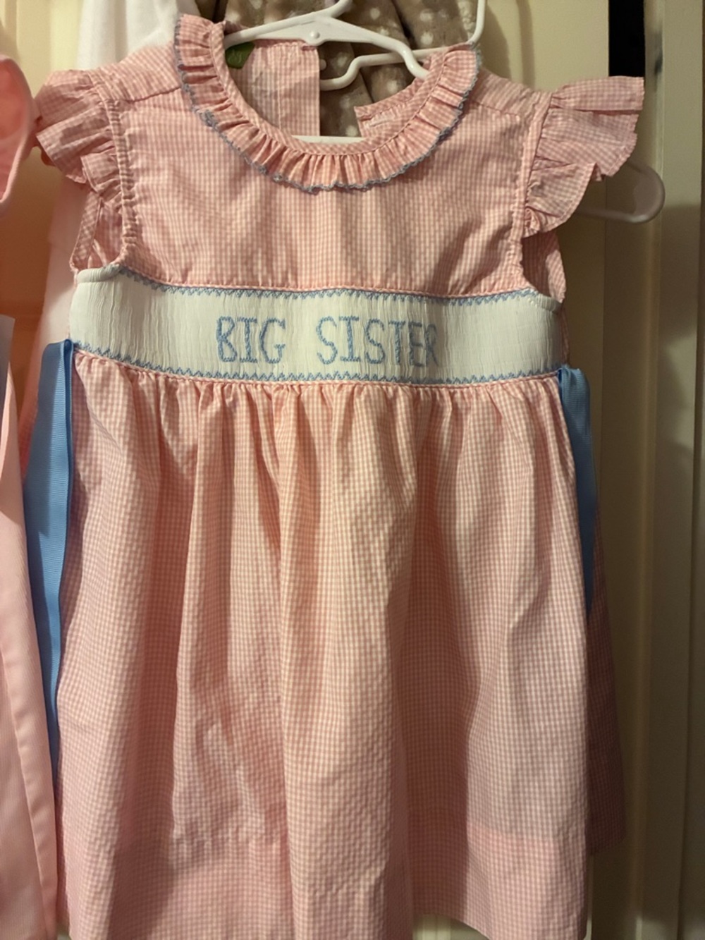 Big Sister Pink Gingham Smocked Dress with Blue Trim